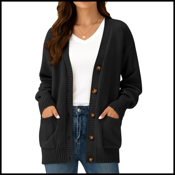 Sweaters - Chunky Cotton Acrylic Cardigan, V-Neck Button Down, Long Sleeve Fall Sweater